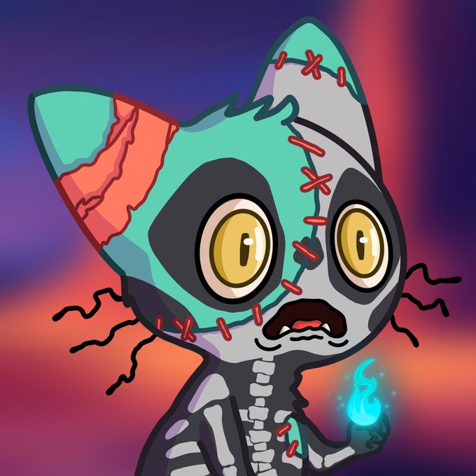 A cartoon image of a stitched-together zombie cat with mismatched teal and gray patches, bulging yellow eyes, and a small blue flame hovering near its paw, set against a purple and orange sunset background. The unsettling, pieced-together appearance of the cat humorously reflects the post's message about a botched project launch and the team's decision to cut ties with the unreliable "Runite launchpad."