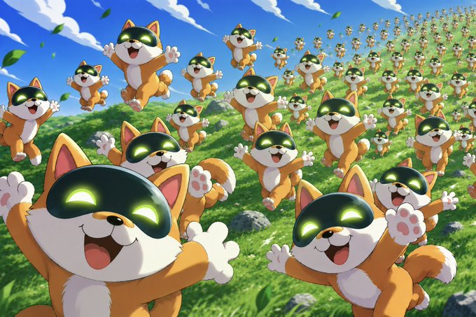 A massive horde of joyful cartoon cats with glowing green visor-eyes and orange fur run and leap across a green grassy field under a blue sky.