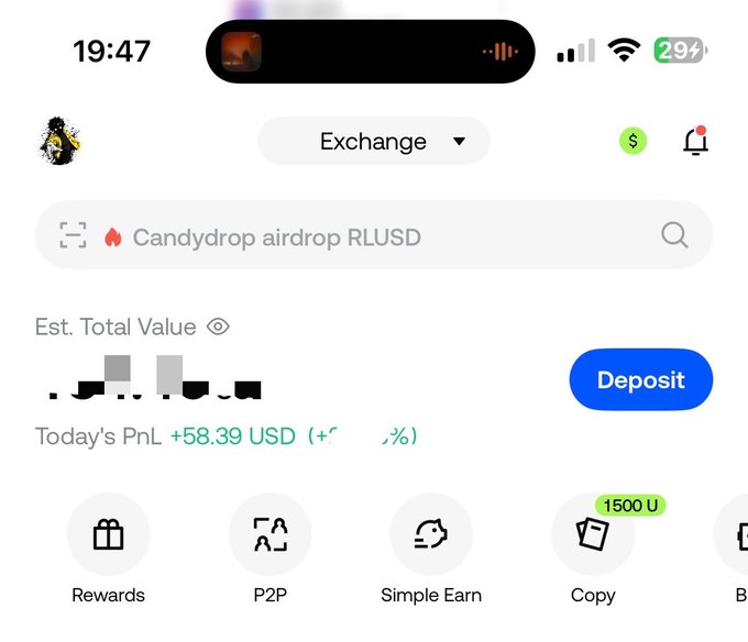 The image shows a crypto exchange app dashboard displaying a "Today's PnL" of **+58.39 USD**, with the in-app notification highlighting a **Candydrop airdrop RLUSD**—reinforcing the poster's sentiment that while profits are positive, they feel small ("baby profits") despite things going well today.