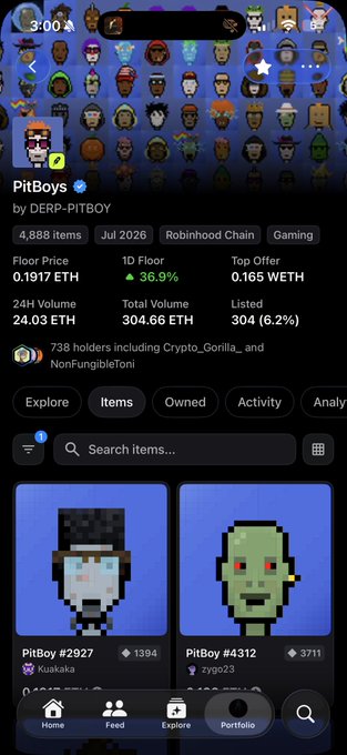A mobile screenshot of the OpenSea NFT marketplace displaying the "PitBoys" collection by DERP-PITBOY, showing 4,888 items with a floor price of 0.1917 ETH and 24-hour volume of 24.03 ETH, featuring pixelated character NFTs like "PitBoy #2927" and "PitBoy #4312." The post celebrates the collection's upward momentum, referencing its attempt to reach a 1 ETH floor price as shown by the "Floor Price" metrics trending up.