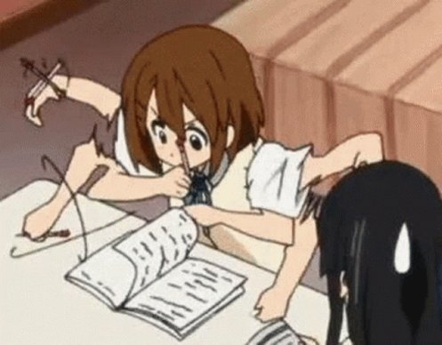 The image features two girls sitting at a table with books, papers, and pencils scattered around them. One girl has her head down while looking at a book or paper, possibly working on an assignment or studying for a test. The other girl is also focused on something in front of her, likely engaged in a similar activity. The scene suggests that they are both concentrating on their tasks, which could be related to schoolwork or personal projects.