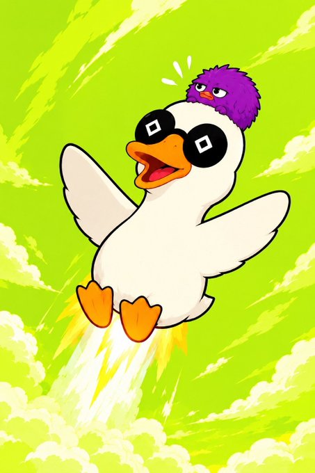 A cartoon illustration shows a startled white duck with wide square eyes flying upward through green clouds, with a small purple bird perched on its head.