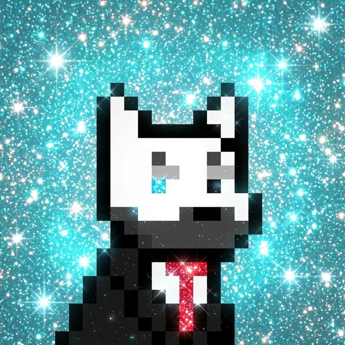 A pixel-art character with a skull-like white face, blue tears, a black suit, and red tie set against a sparkling cyan glitter background.