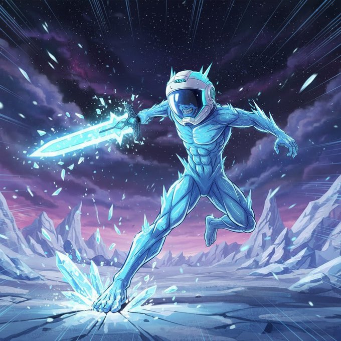 A digital illustration of a blue, icy humanoid warrior wearing a futuristic astronaut-style helmet, dynamically leaping through a snowy, crystalline landscape while wielding a glowing blue sword.