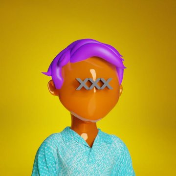 A 3D rendered character with orange skin, purple hair, and X-shaped eyes wearing a teal shirt, set against a yellow background.