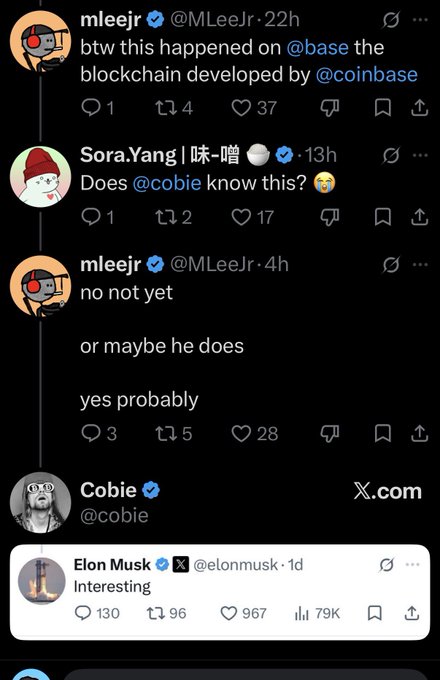 A Twitter exchange shows @MLeeJr noting that something happened on the Base blockchain by @coinbase, prompting @cobie to share Elon Musk's tweet saying "Interesting." The image suggests the $DRB situation on Base caught attention from major crypto figures, though the OP doubts its significance.