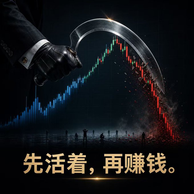 A dramatic digital artwork showing a suited figure with a black-gloved hand holding a scythe over a financial candlestick chart, with the Chinese text '先活着，再赚钱。' (translated: 'Survive first, then make money.') at the bottom.