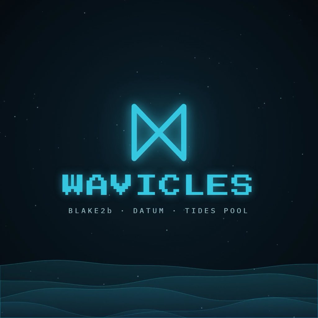 A glowing cyan Waymicles logo appears against a dark, starry background with wave-like lines along the bottom and the text “WAYMICLES” and “BLAKE2b · DATUM · TIDES POOL.”