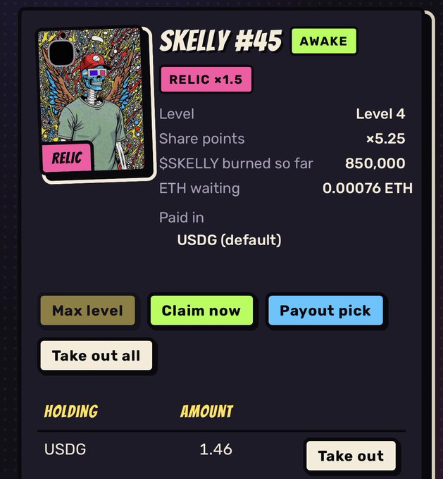 A digital NFT interface showing 'SKELLY #45' at AWAKE status with Level 4, RELIC x1.5 multiplier, and $SKELLY burned so far at 850,000.
