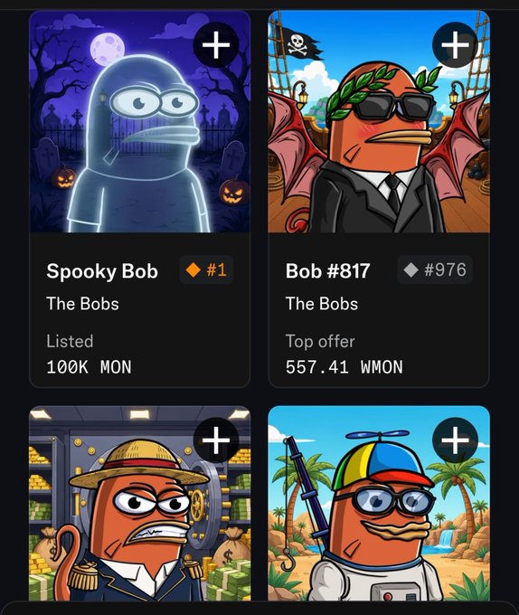 An NFT marketplace interface displays character listings including "Spooky Bob" listed for "100K MON" and "Bob #817" with a top offer of "557.41 WMON" under the collection "The Bobs."