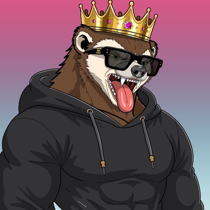 A cartoon illustration of a fierce brown bear wearing a gold crown, dark sunglasses, and a black hoodie, with its mouth open showing fangs and tongue, set against a pink-to-blue gradient background.