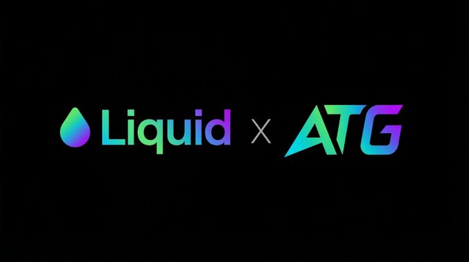 The image displays a promotional graphic with the text "Liquid x ATG" on a black background, where "Liquid" appears with a colorful droplet icon in teal-to-purple gradient and "ATG" is shown in a stylized purple gradient font. The "x" between the logos suggests a collaboration or partnership announcement between the two brands.