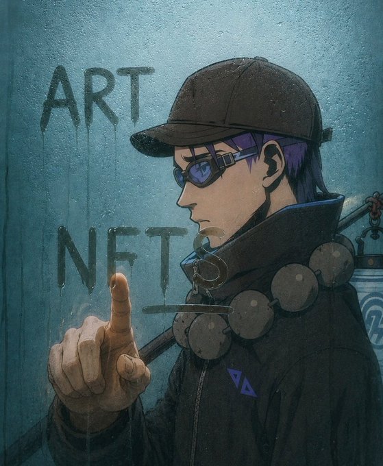An illustrated artwork showing a character in a dark jacket, cap, and purple-tinted glasses pointing upward toward graffiti-style text reading "ART NFT" on a textured blue-green wall.