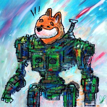 A vibrant painting of a robot with a green circuit-board body and a cartoonish Shiba Inu dog head with a wide grin, set against a swirling colorful background with "!!" above its head.