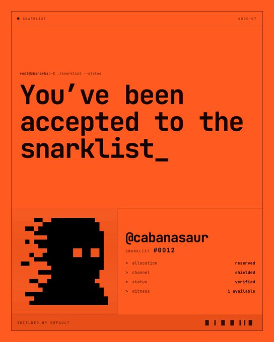An orange graphic with the text 'You've been accepted to the snarklist_' for '@cabanasaur', showing status details like 'allocation: reserved' and 'witness: 1 available'.