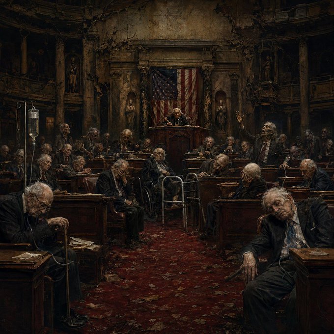 A dark, macabre painting depicting a decrepit legislative chamber filled with elderly politicians in suits, many receiving IV drips and using walkers, slumped over desks with a tattered American flag in the background.