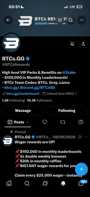 A mobile Twitter/X profile page for 'BTCs.GG' (@BTCsRewards) shows details including '1.2K Following', '10.3K Followers', and a pinned post about wager rewards and monthly leaderboards.