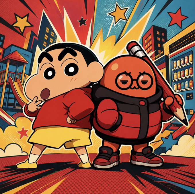 The image features Shin-chan standing next to a stylized orange character holding a large pencil, set against a vibrant comic-book-style cityscape background with stars and dynamic burst patterns. The cheerful, bold artwork complements the post's optimistic tone, visually representing the contrast between market fear and the author's bullish gut feeling heading into the week.