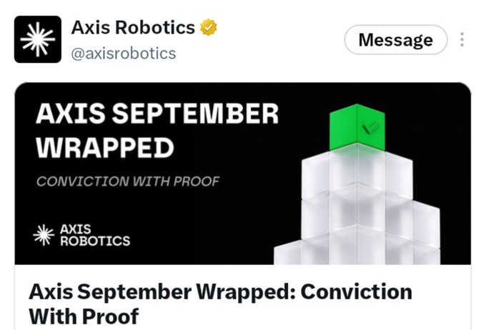 A screenshot of a tweet from 'Axis Robotics @axisrobotics' with the header 'AXIS SEPTEMBER WRAPPED: CONVICTION WITH PROOF'.