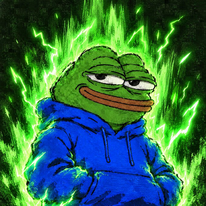 An illustrated meme of Pepe the Frog wearing a blue hoodie, set against a dramatic background of green lightning bolts.