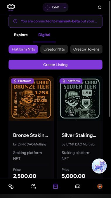 A digital marketplace interface shows NFT listings titled 'Bronze Staking' for 2,500.00 and 'Silver Staking' for 5,000.00 on the LYNK platform.
