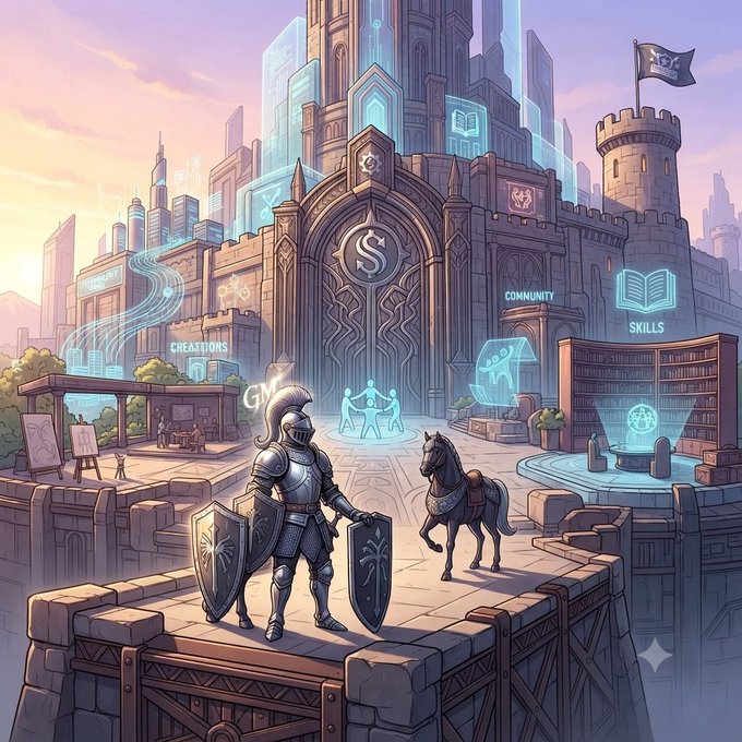 A fantasy knight with shield and sword stands before an ornate castle gate adorned with "$" and "S" symbols, accompanied by a horse, with surrounding structures labeled "CREATIONS," "COMMUNITY," and "SKILLS" — a polished, game-inspired illustration nodding to the $STKR request.