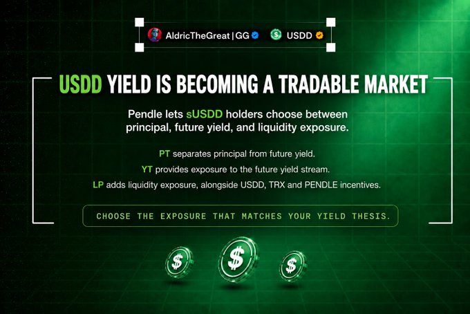 A green infographic titled 'USDD YIELD IS BECOMING A TRADABLE MARKET' explaining how Pendle allows USDD holders to separate principal from yield.