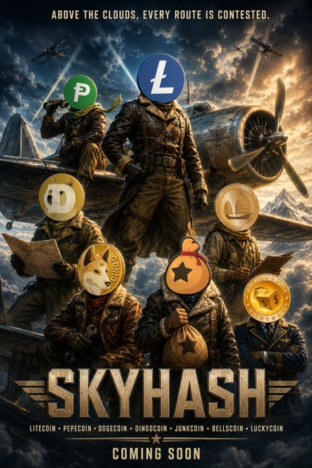 A promotional poster for "SKYHASH" featuring pilots and aviators with various cryptocurrency logos (Litecoin, Pepecoin, Dogecoin, Dingocoin, Junkcoin, Bellscoin, Luckycoin) superimposed over their faces, with the tagline "ABOVE THE CLOUDS, EVERY ROUTE IS CONTESTED." and "COMING SOON."