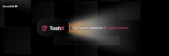 A dark promotional banner featuring the "ToshX" logo with a small robot icon and the tagline "Fair-launch terminal for agent tokens," alongside a "Since 2026" badge in the top-left corner. The image visually reinforces the post's discussion of ToshX's fair-launch mechanism, with the tagline directly addressing the launchpad's purpose for agent tokens highlighted in the accompanying text.
