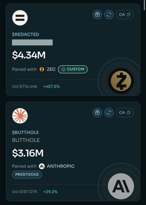 A screenshot showing crypto/stock tickers, including $REDACTED paired with ZEC at $4.34M (Vol $715.44K, +457.5%) and $BUTTHOLE paired with ANTHROPIC at $3.16M (Vol $187.07K, +29.3%).