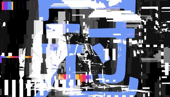 A glitch art-style image featuring a skeletal figure with a crown sitting on a throne, rendered with heavy digital distortion, color separation, and pixelated artifacts in black, white, and blue tones.