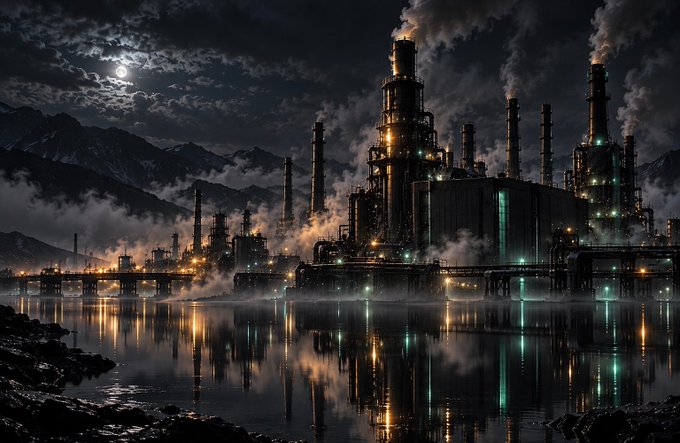 A nighttime digital artwork of an industrial refinery or factory with smokestacks emitting steam, illuminated lights, and reflections on water beneath a moonlit, cloudy sky.