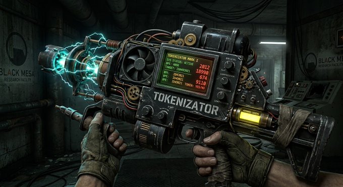 A first-person view of a sci-fi weapon labeled 'TOKENIZATOR' with a digital display showing TOKENIZATION DATA, set in a Black Mesa Research Facility environment with electric blue energy effects.