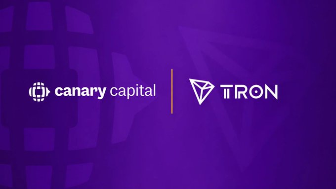 The image features a purple gradient background with the Canary Capital logo on the left and the TRON logo on the right, separated by a vertical line, visually representing the partnership between the two entities in launching the $TRXS staking yield product.