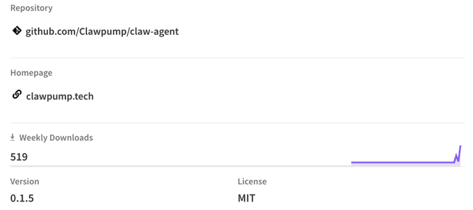 The image shows an open tab on a computer monitor displaying a list of information for clawpumptech. The screenshot highlights the webpage's title as "clawpump/claw pump agent" along with several key phrases such as "Homepage", "Weekly downloads", and "LICENSE". A purple line graph is shown showing the number of downloads over time, indicating a steady increase in popularity for clawpumptech. The image also references a post on social media where someone has shared their experience with claw pump technology. Based on these details, it seems likely that the software or application being discussed could be valuable to those interested in claw pumps and claw pump technology.