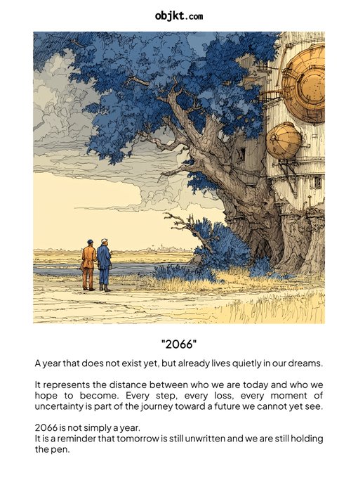 An artistic illustration of two figures standing beneath a large blue tree next to a treehouse structure, titled "2066" with accompanying text describing the year as one that "does not exist yet, but already lives quietly in our dreams."