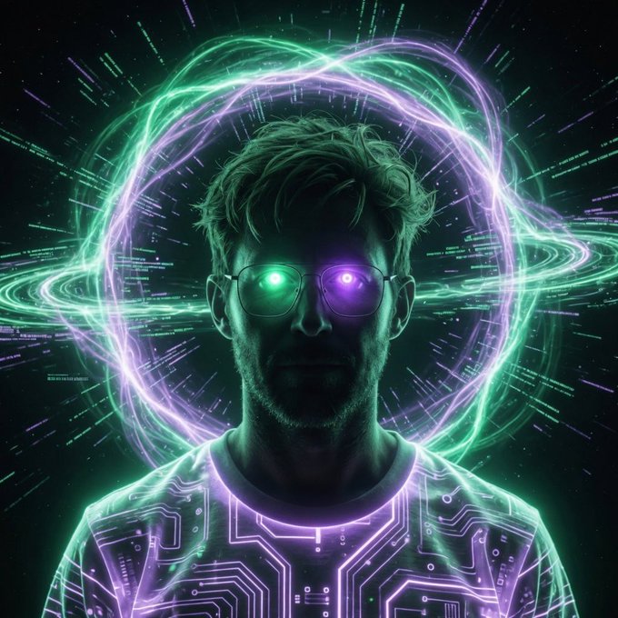 A digital art portrait features a man with glowing green and purple eyes surrounded by swirling neon green and purple energy rings against a black background.