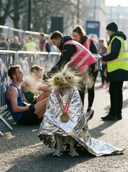 A small furry creature resembling a character wrapped in a silver emergency blanket wears a bronze medal around its neck at what appears to be a marathon event.
