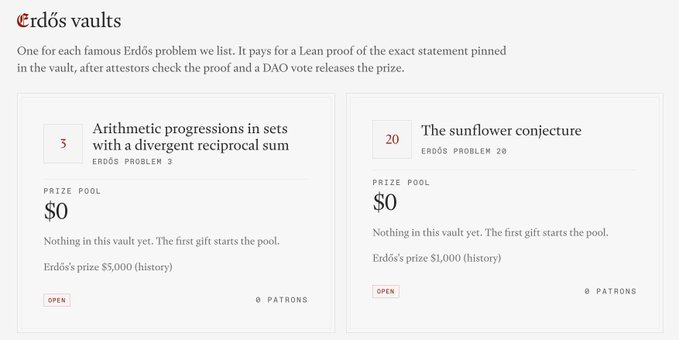 A webpage screenshot titled 'Erdős vaults' displaying two math problems: 'Arithmetic progressions in sets with a divergent reciprocal sum' (Erdős problem 3) and 'The sunflower conjecture' (Erdős problem 20), both with $0 prize pools.