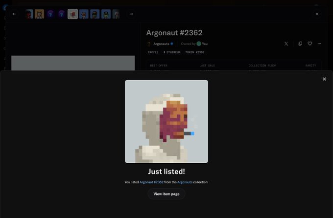 A screenshot of an NFT marketplace listing for 'Argonauts #2362' showing a pixelated character with a 'Just listed!' notification.