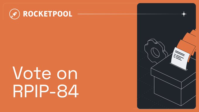An orange promotional banner for 'ROCKETPOOL' displaying the text 'Vote on RPIP-84' alongside an illustration of a ballot box and gear.