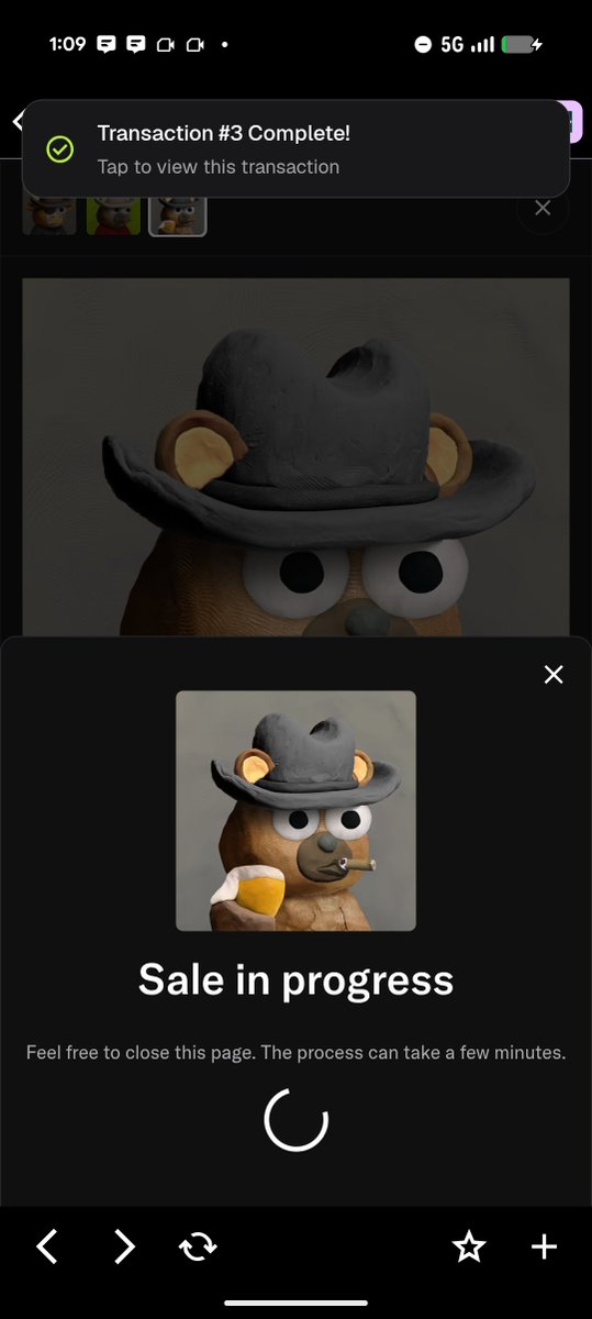 A mobile app screen showing 'Transaction #3 Complete!' and 'Sale in progress' for a 3D teddy bear character with a hat.