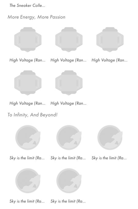 A screenshot from the STEPN sneaker collection app displaying two new sneaker categories—"High Voltage" under "More Energy, More Passion" and "Sky is the limit" under "To Infinity, And Beyond!"—each shown with five placeholder sneaker icons, corresponding to the announcement of new badges in STEPN.