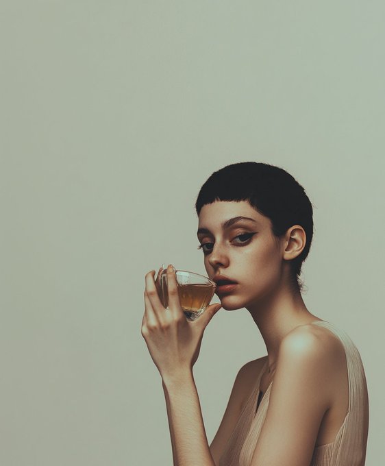 A moody, minimalist portrait of a woman with short dark hair and striking eye makeup, delicately holding a glass near her face against a pale green background.
