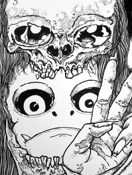 A black and white horror manga-style illustration of a wide-eyed girl with a monstrous skull-like face emerging above her head.