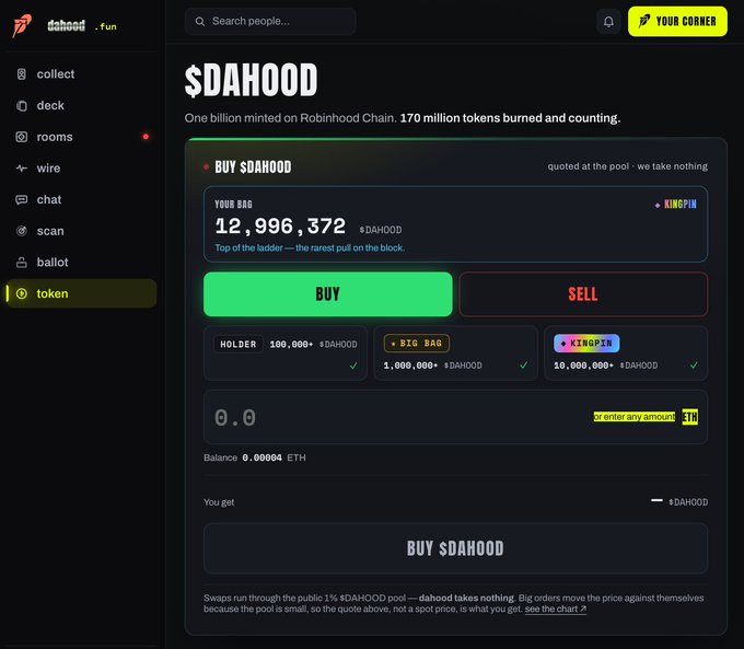 A screenshot of the dahood.fun/token page showing the $DAHOOD trading interface, where users can buy the token on Robinhood Chain (currently holding 12,996,372 $DAHOOD in the bag) by entering an ETH amount and clicking "BUY $DAHOOD." The image illustrates the new direct token trading feature mentioned in the post, highlighting the swap function that runs through the public 1% $DAHOOD pool.