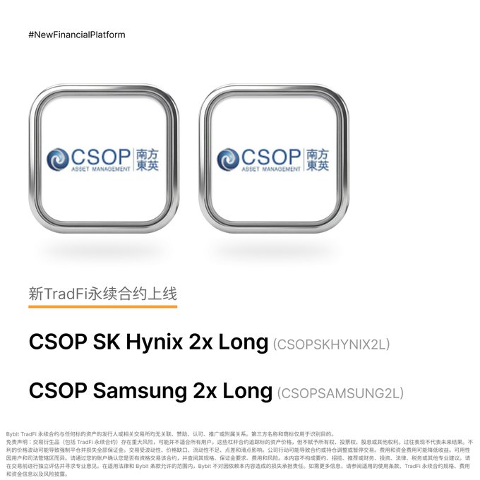 A Bybit promotional announcement in Chinese for new TradFi perpetual contracts listing 'CSOP SK Hynix 2x Long' (CSOPSKHYNIX2L) and 'CSOP Samsung 2x Long' (CSOPSAMSUNG2L).