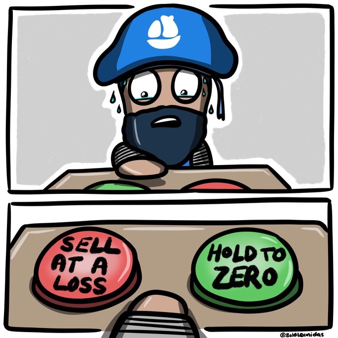 The image features a cartoon character wearing a blue hat, sitting at a table with two buttons labeled "Sell at a loss" and "Hold to zero." The character appears to be contemplating whether or not to sell these buttons for $0.