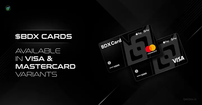 An advertisement for '$BDX CARDS AVAILABLE IN VISA & MASTERCARD VARIANTS', showing two black cards marked 'BDX Card' with Apple Pay logos, one featuring a Mastercard logo and the other a Visa logo.