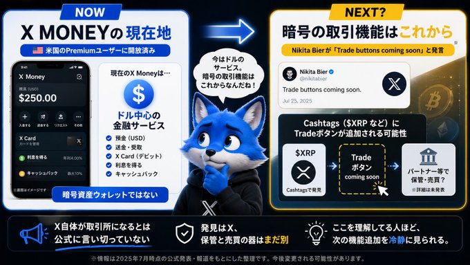 The image illustrates the distinction between X Money's current state (NOW) as a dollar-based financial service limited to U.S. Premium users with $250 USD balance, and Nikita Bier's upcoming announcement (NEXT) about "Trade buttons coming soon," suggesting X may evolve from a banking service into an exchange platform enabling cryptocurrency trading via Cashtags ($XRP, etc.). A blue wolf mascot mediates between the two panels, cautioning that X officially hasn't confirmed trading functionality and that X is "still just X," with the gap between speculation and reality highlighted by "@nikitabier" dated July 25, 2025.